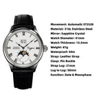 Sugess 2528M-1 moonphase watch specifications graphic with white dial and black leather strap