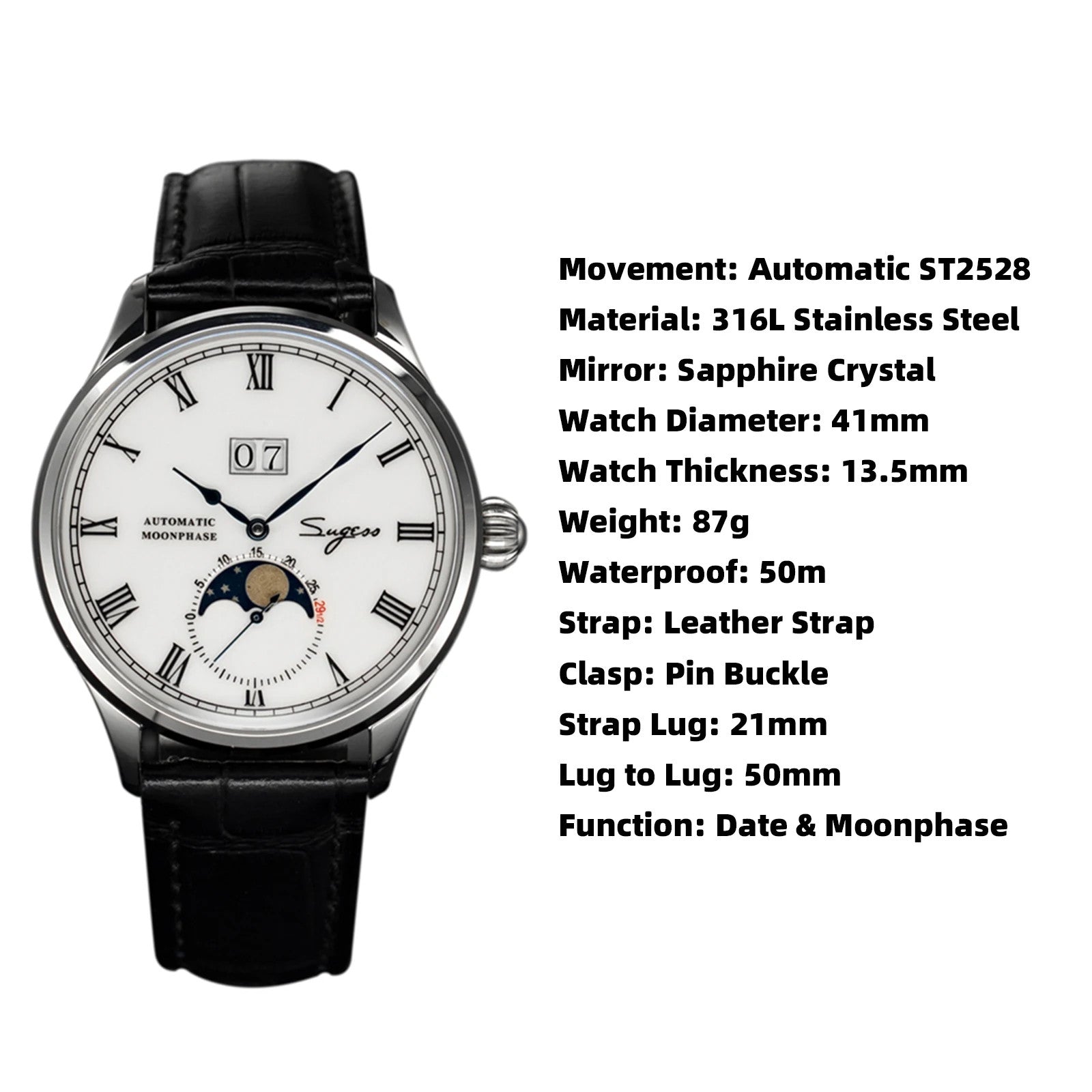 Sugess 2528M-1 moonphase watch specifications graphic with white dial and black leather strap