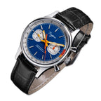 Sugess 387F blue panda chronograph on black leather strap, angled studio product view
