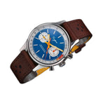 Sugess 387F blue panda chronograph on brown racing leather strap, angled view