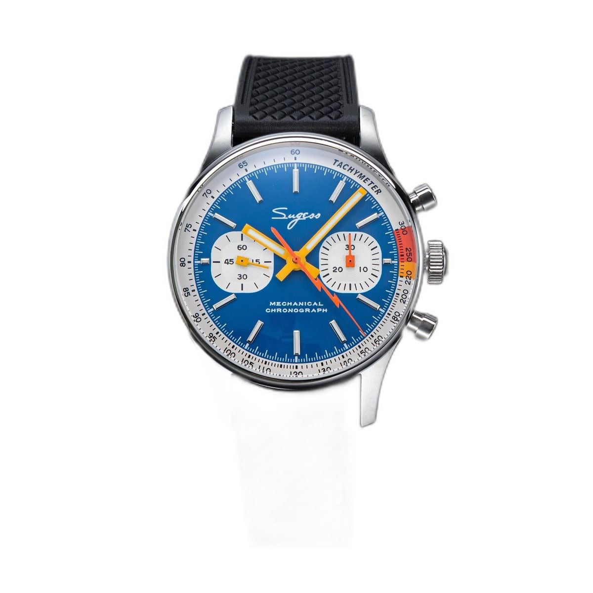 Sugess 387F blue panda chronograph on black rubber strap, front view