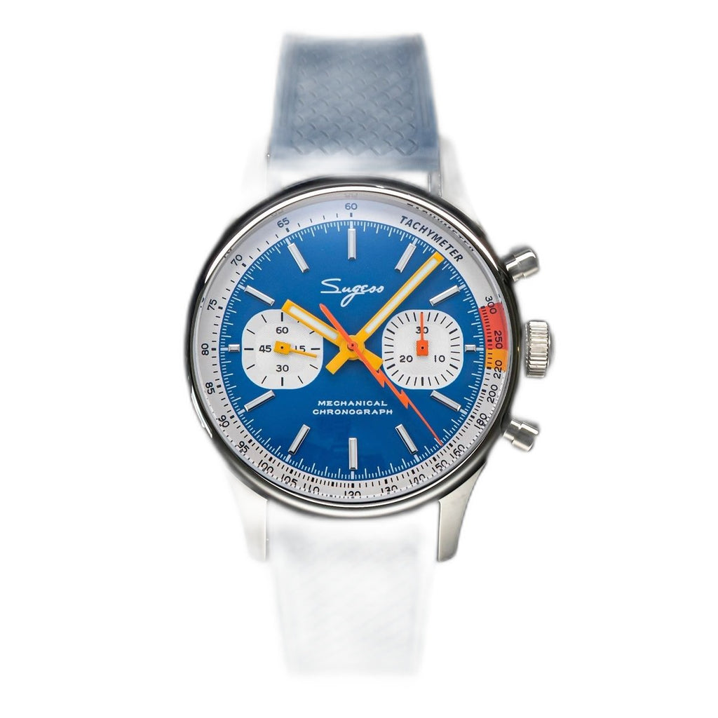 Sugess 387F blue panda chronograph on blue rubber strap, front view