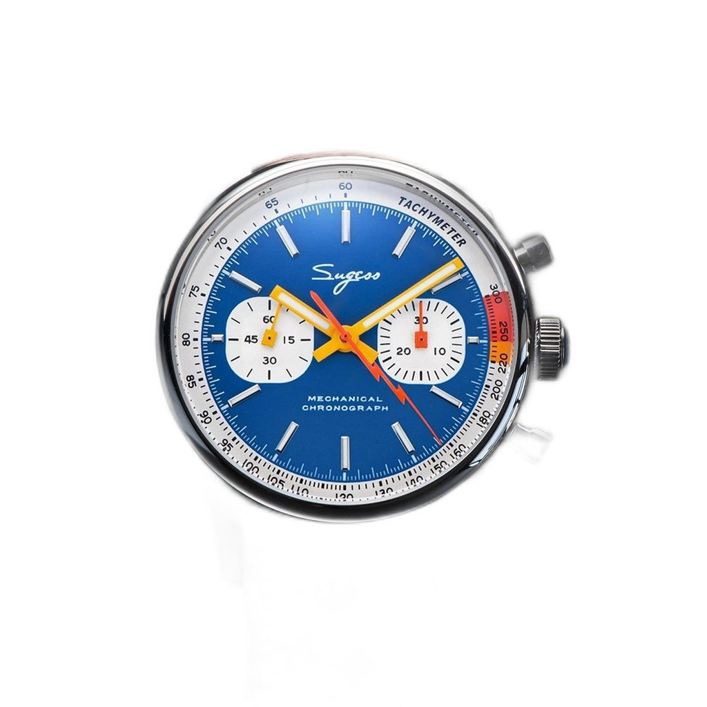 Sugess 387F racing chronograph 40mm, blue panda dial with white sub-dials, brown leather strap, front view