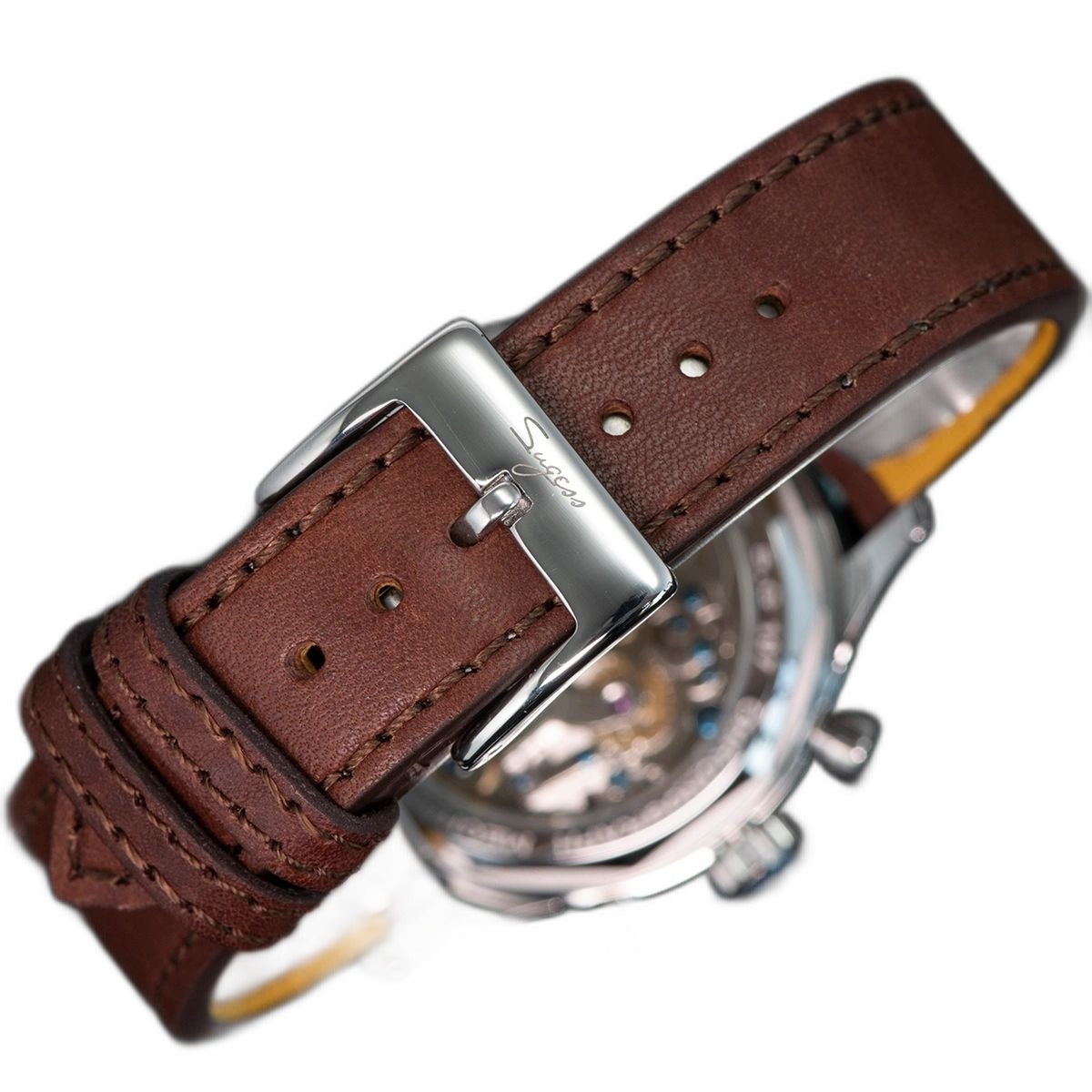 Sugess 387F polished pin buckle engraved Sugess on brown leather strap, close-up
