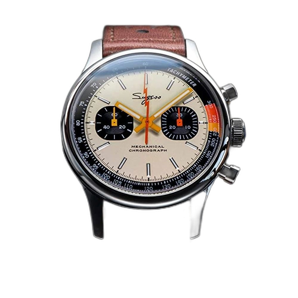 Sugess 387F cream panda chronograph on brown racing leather strap, three-quarter angled view