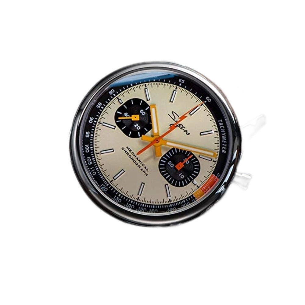 Sugess 387F cream panda chronograph on brown racing leather strap, angled studio product view