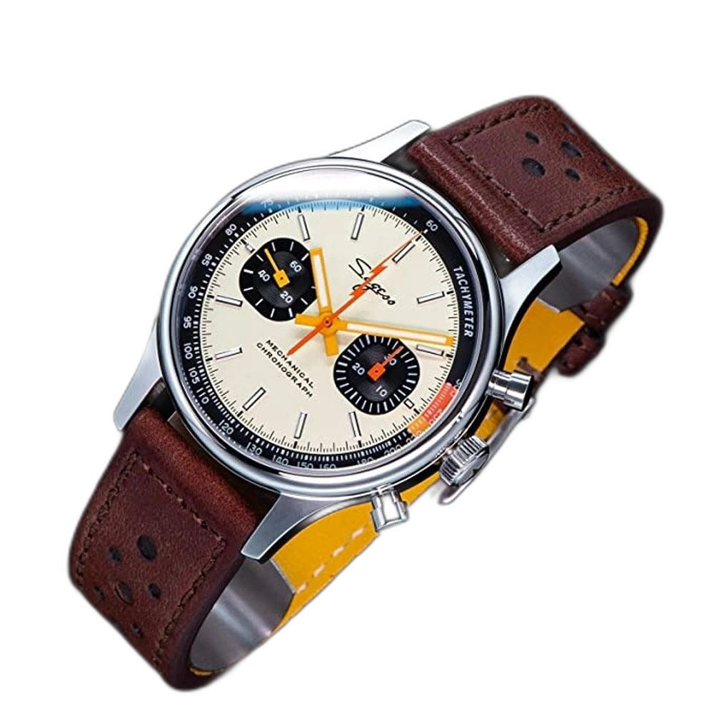 Sugess 387F cream panda chronograph on brown racing leather strap, dramatic angled view