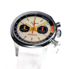 Sugess 387F cream panda chronograph on brown leather strap, low angled close-up view
