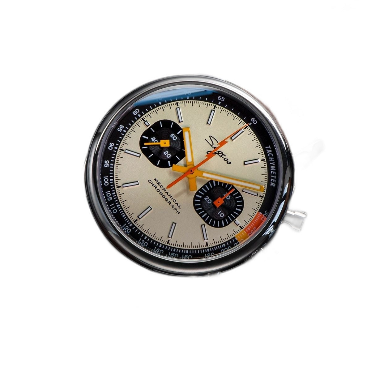 Sugess 387F cream panda chronograph on brown racing leather strap, angled view with yellow lining