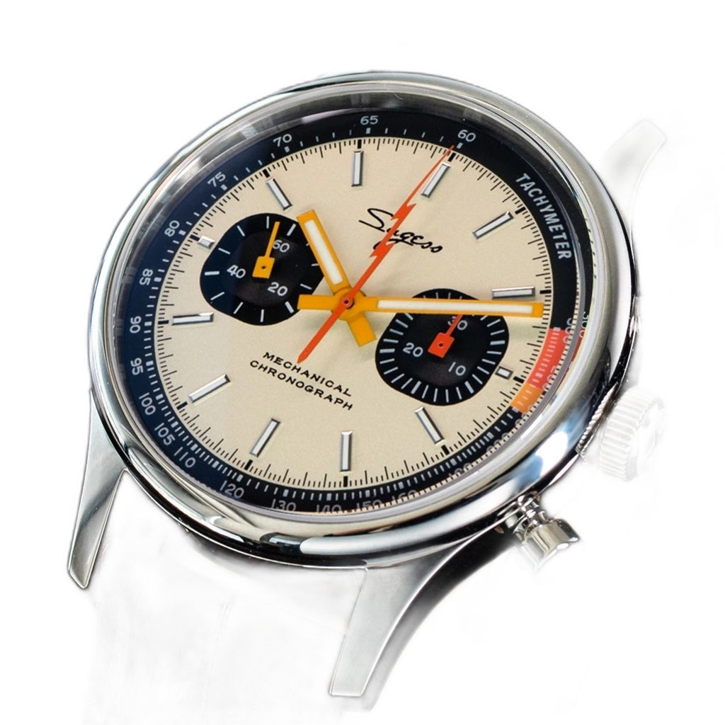 Sugess 387F cream panda chronograph on brown leather strap, three-quarter angled view