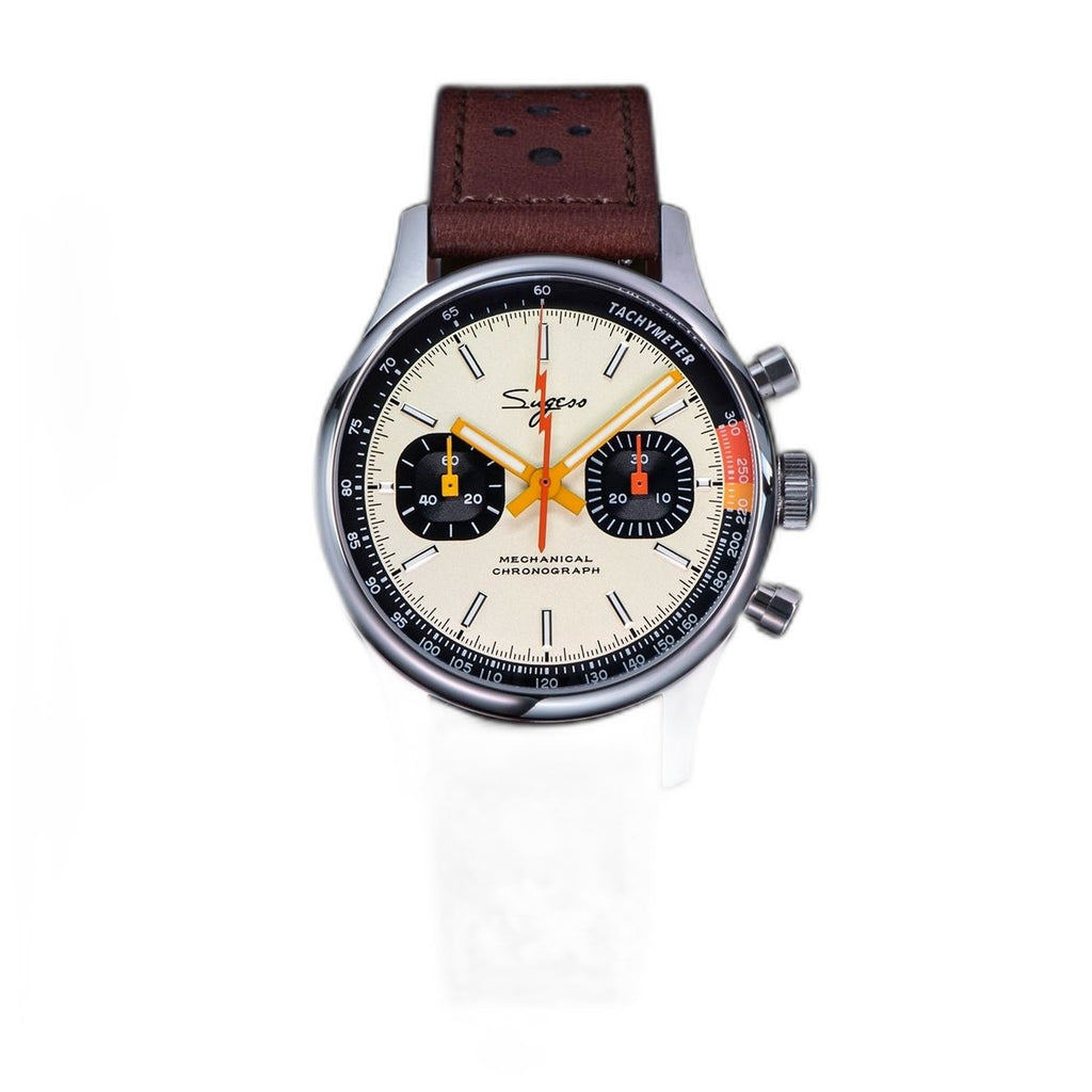 Sugess 387F cream panda chronograph on brown leather strap, front-angled studio view
