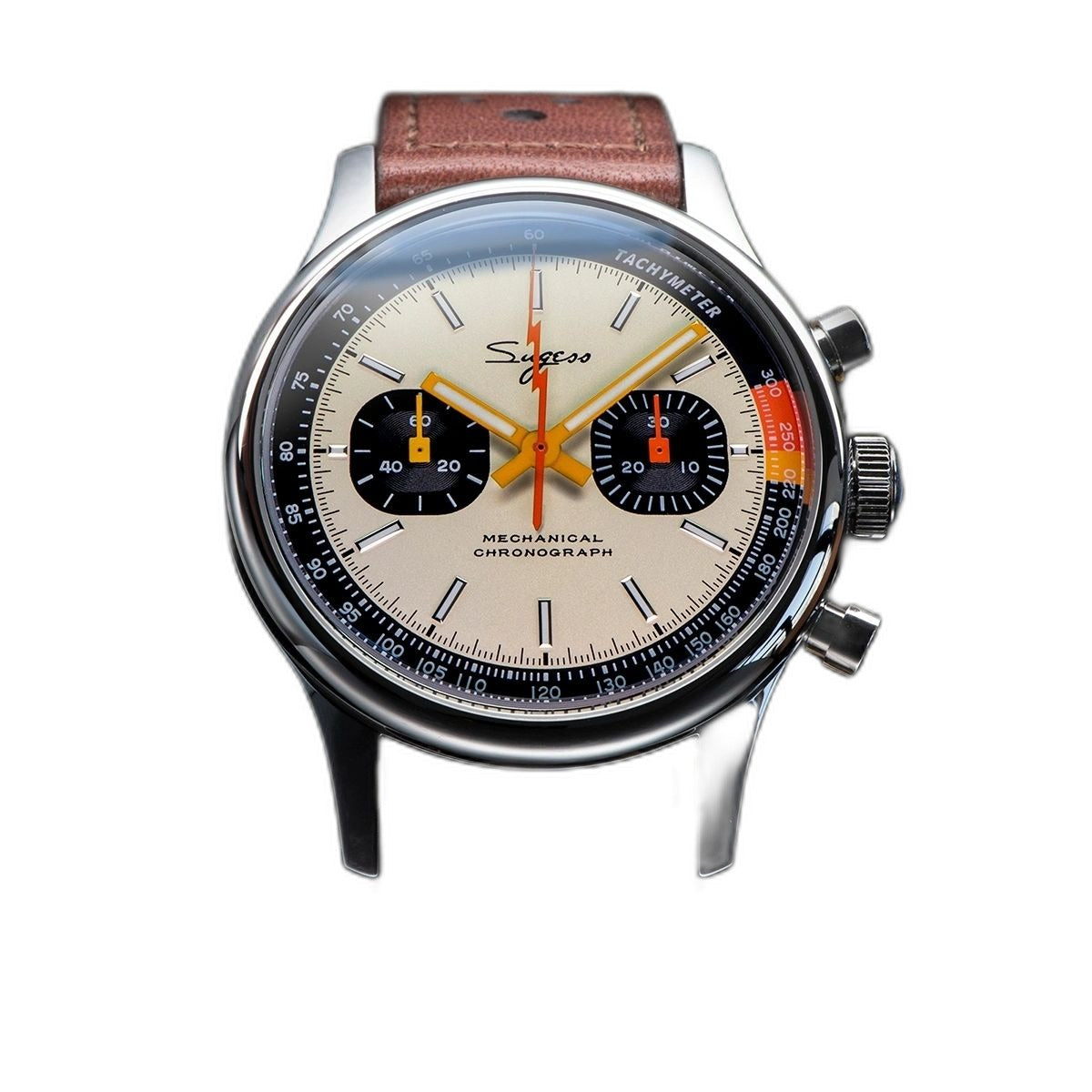 Sugess 387F cream panda chronograph on brown leather strap, upright front-angled view
