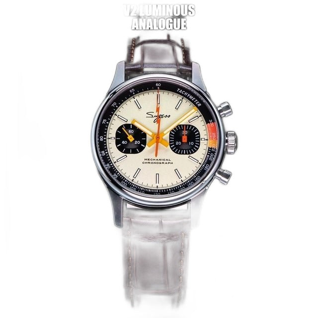 Sugess 387F racing mechanical chronograph 40mm, cream panda dial, brown leather strap, front view with V2 lume inset