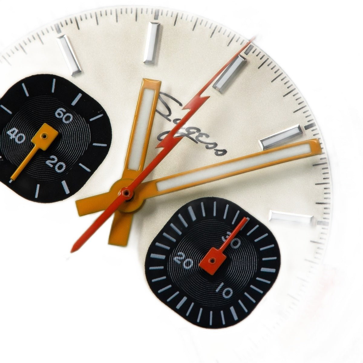 Sugess 387F cream panda dial macro, black sub-dials, orange lightning chronograph seconds hand, Sugess signature