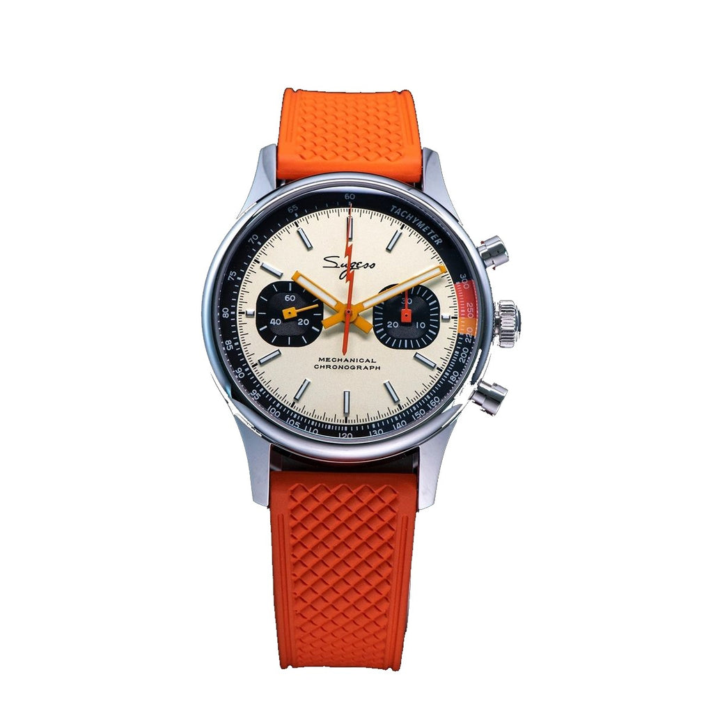 Sugess 387F racing chronograph 40mm, cream panda dial, orange rubber strap, front view