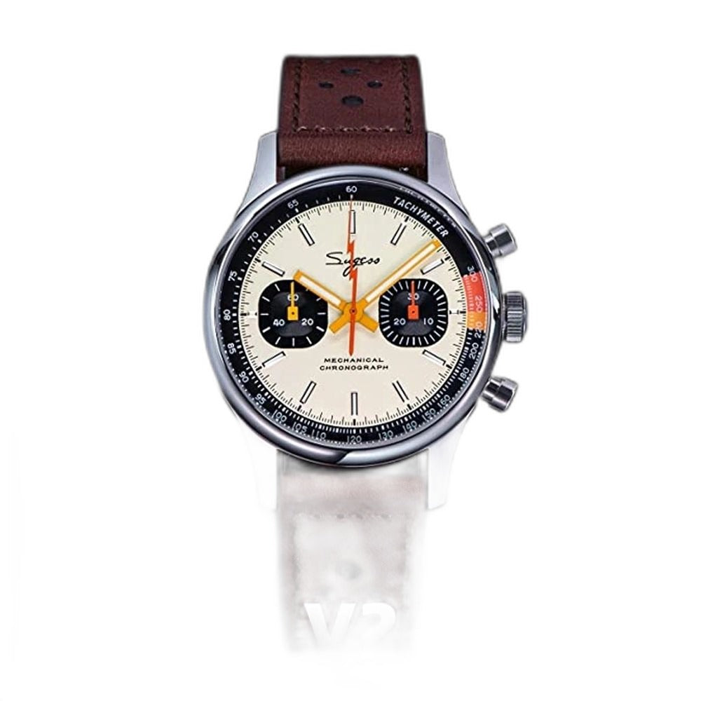Sugess 387F racing chronograph 40mm, cream panda dial, brown perforated racing leather strap, front view