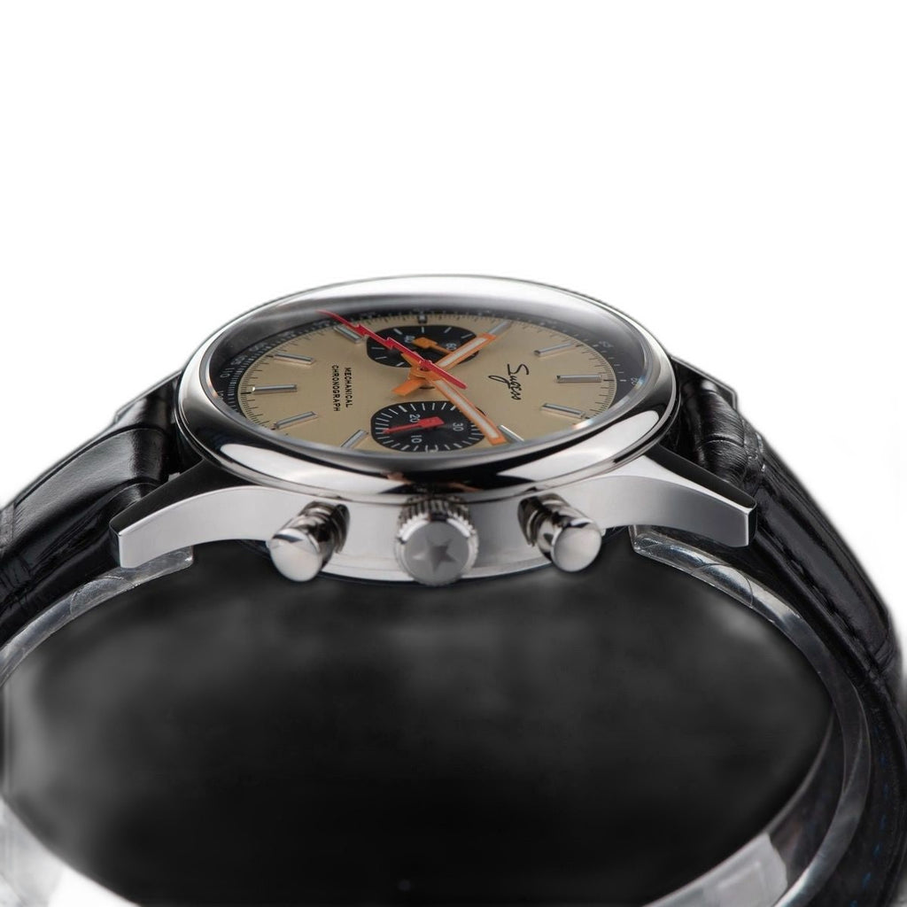 Sugess 387F cream panda chronograph side profile with star-engraved crown and pushers, black leather