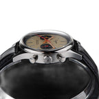 Sugess 387F cream panda chronograph side profile with star-engraved crown and pushers, black leather