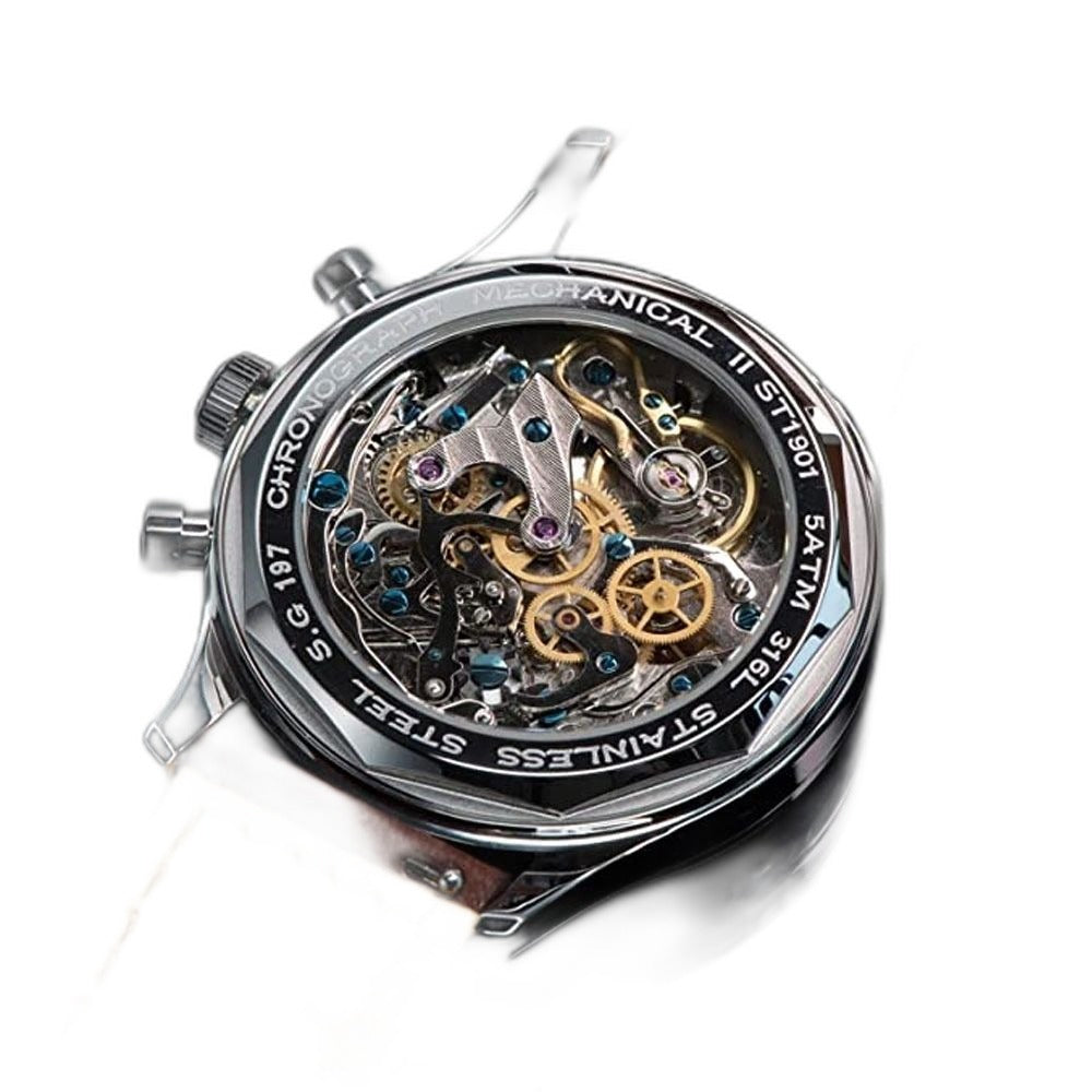 Sugess 387F exhibition caseback, ST1901 chronograph movement through sapphire, tan leather strap