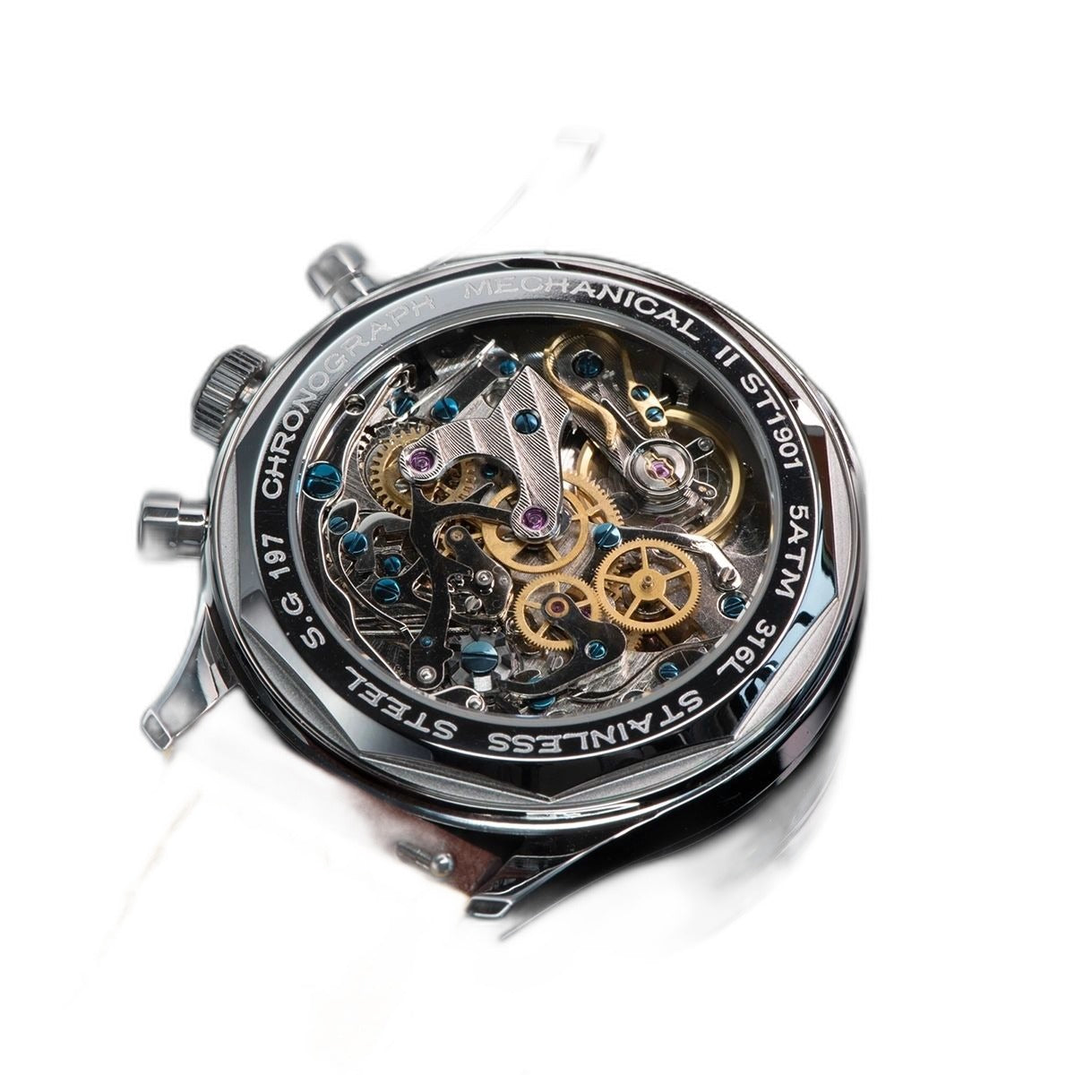 Sugess 387F exhibition caseback, ST1901 chronograph movement through sapphire, tan leather strap, second view