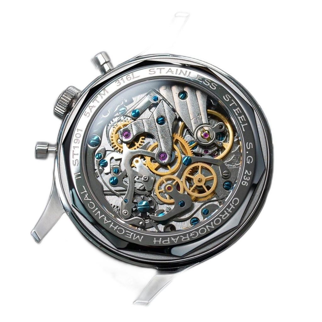 Sugess 387F exhibition caseback, ST1901 hand-wound chronograph movement, 316L steel, 5ATM, brown leather strap