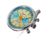Sugess 387F teal-blue panda chronograph on brown leather strap, dramatic angled view