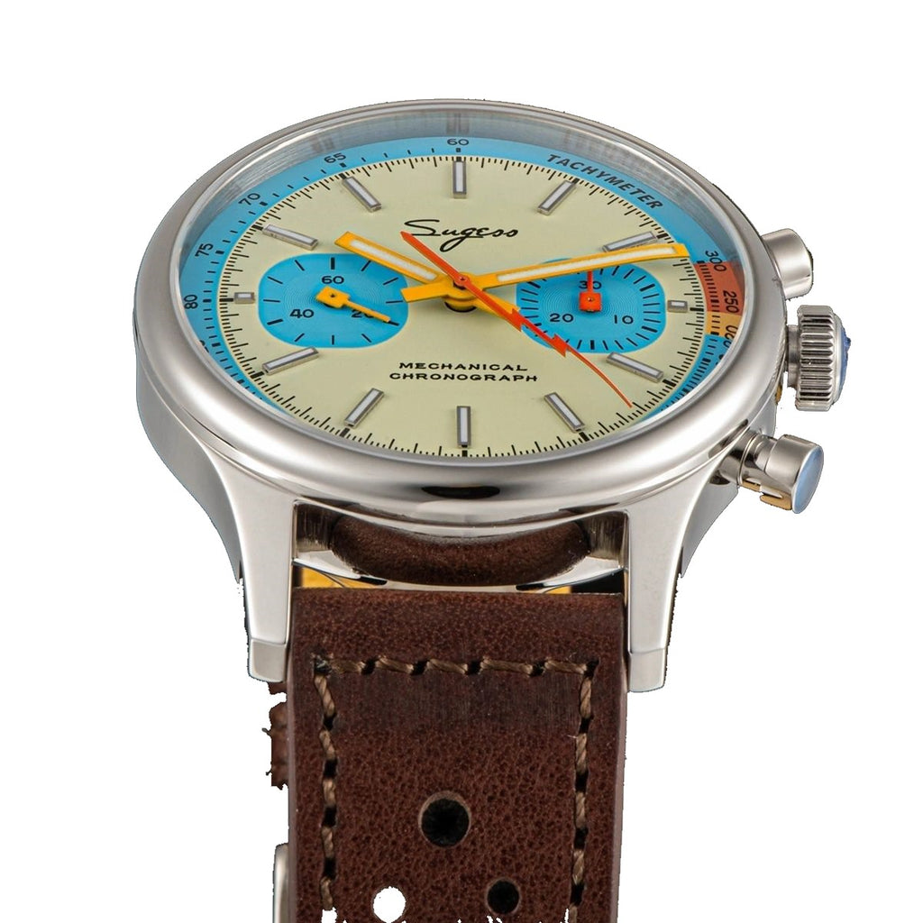 Sugess 387F teal-blue panda chronograph on brown leather strap, side-angled studio view