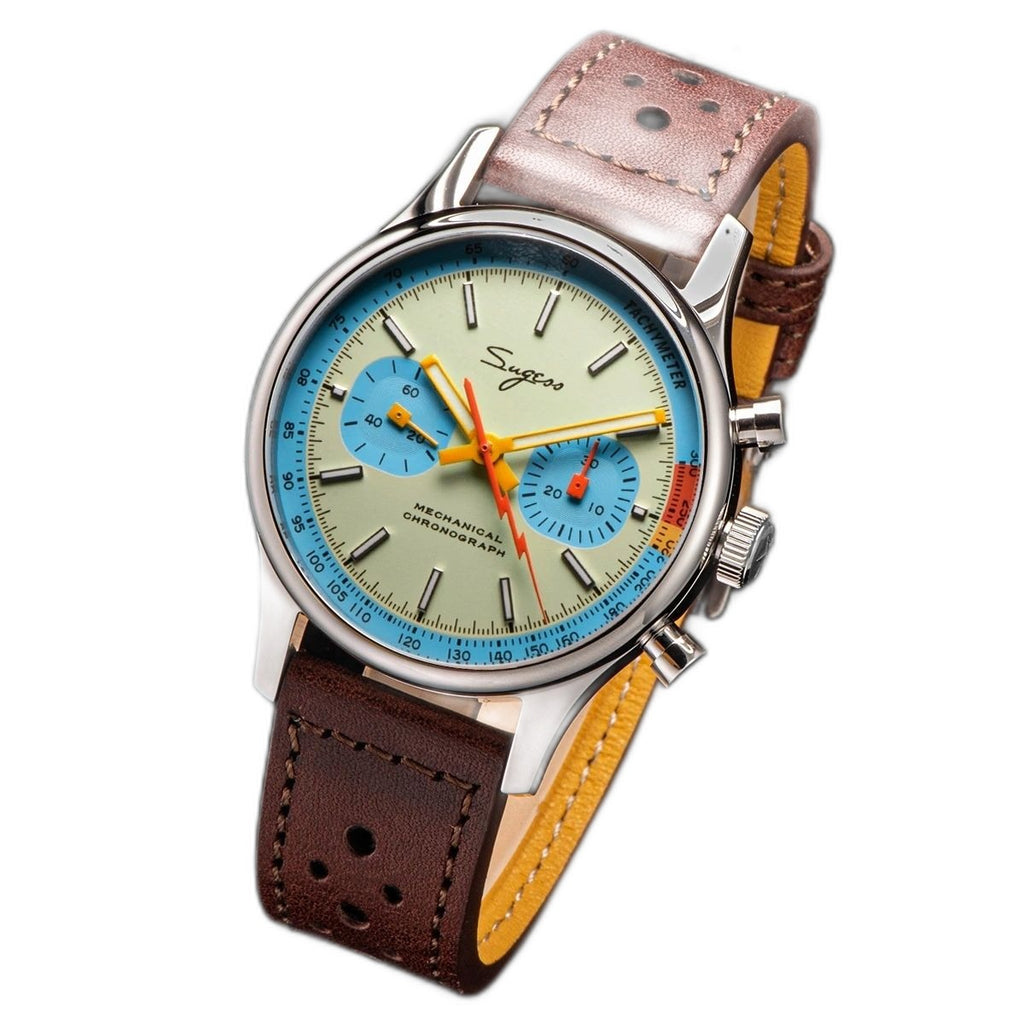 Sugess 387F teal-blue panda chronograph on brown racing leather strap, angled product view