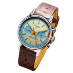 Sugess 387F teal-blue panda chronograph on brown racing leather strap, angled product view