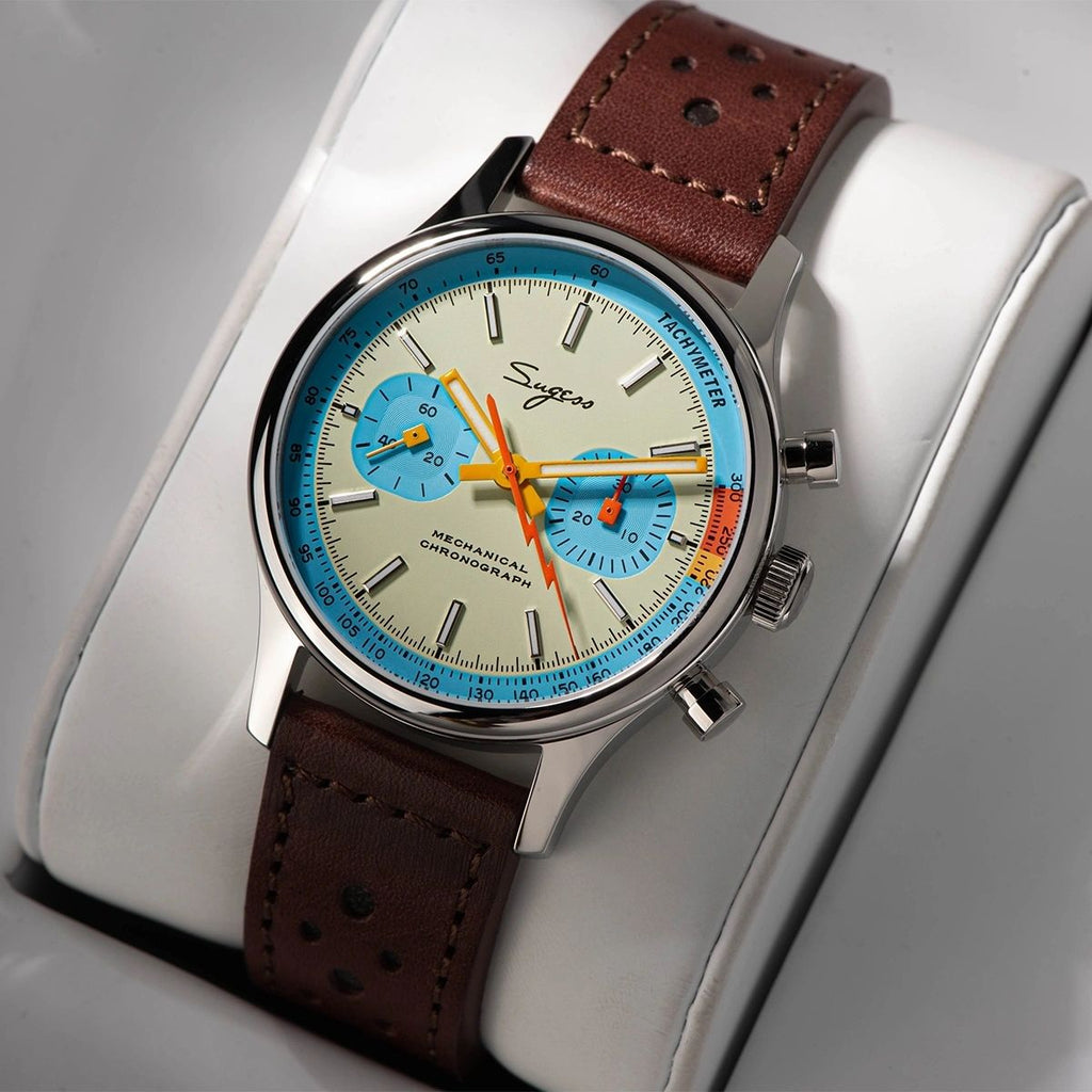 Sugess 387F racing chronograph 40mm, cream dial with tiffany teal sub-dials and ring, brown leather strap, front