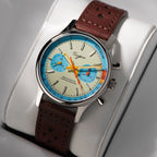 Sugess 387F racing chronograph 40mm, cream dial with tiffany teal sub-dials and ring, brown leather strap, front