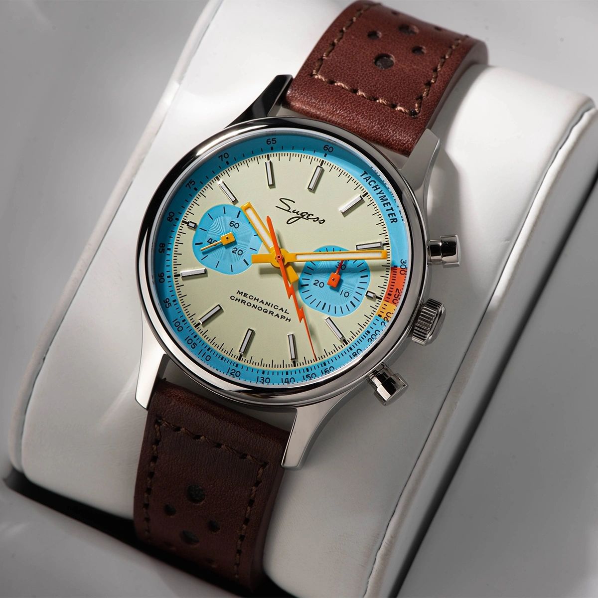 Sugess 387F racing chronograph 40mm, cream dial with tiffany teal sub-dials and ring, brown leather strap, front
