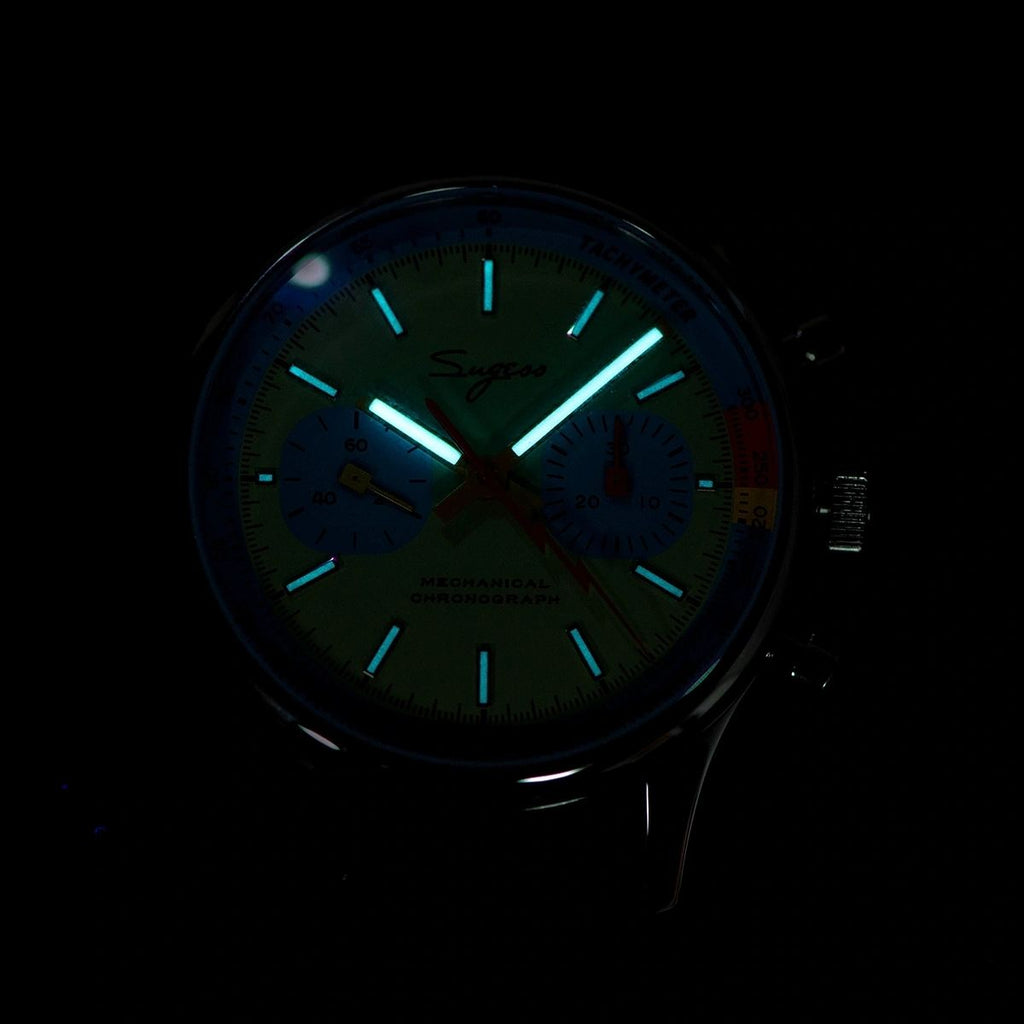 Sugess 387F teal-blue panda chronograph dial glowing green lume in the dark, close-up