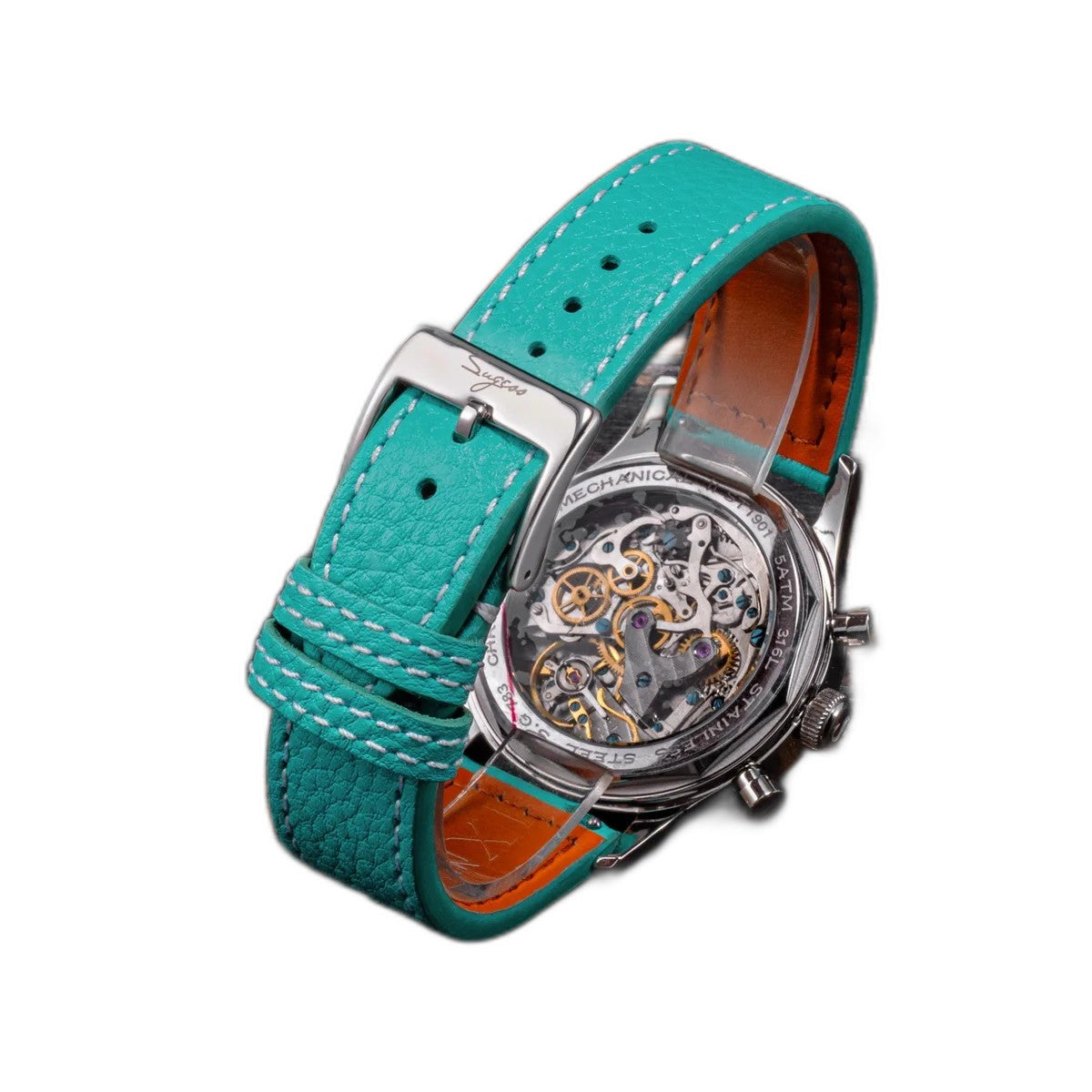 Sugess S365 men's chronograph pilot watch white teal dial detail with Swanneck movement specifications