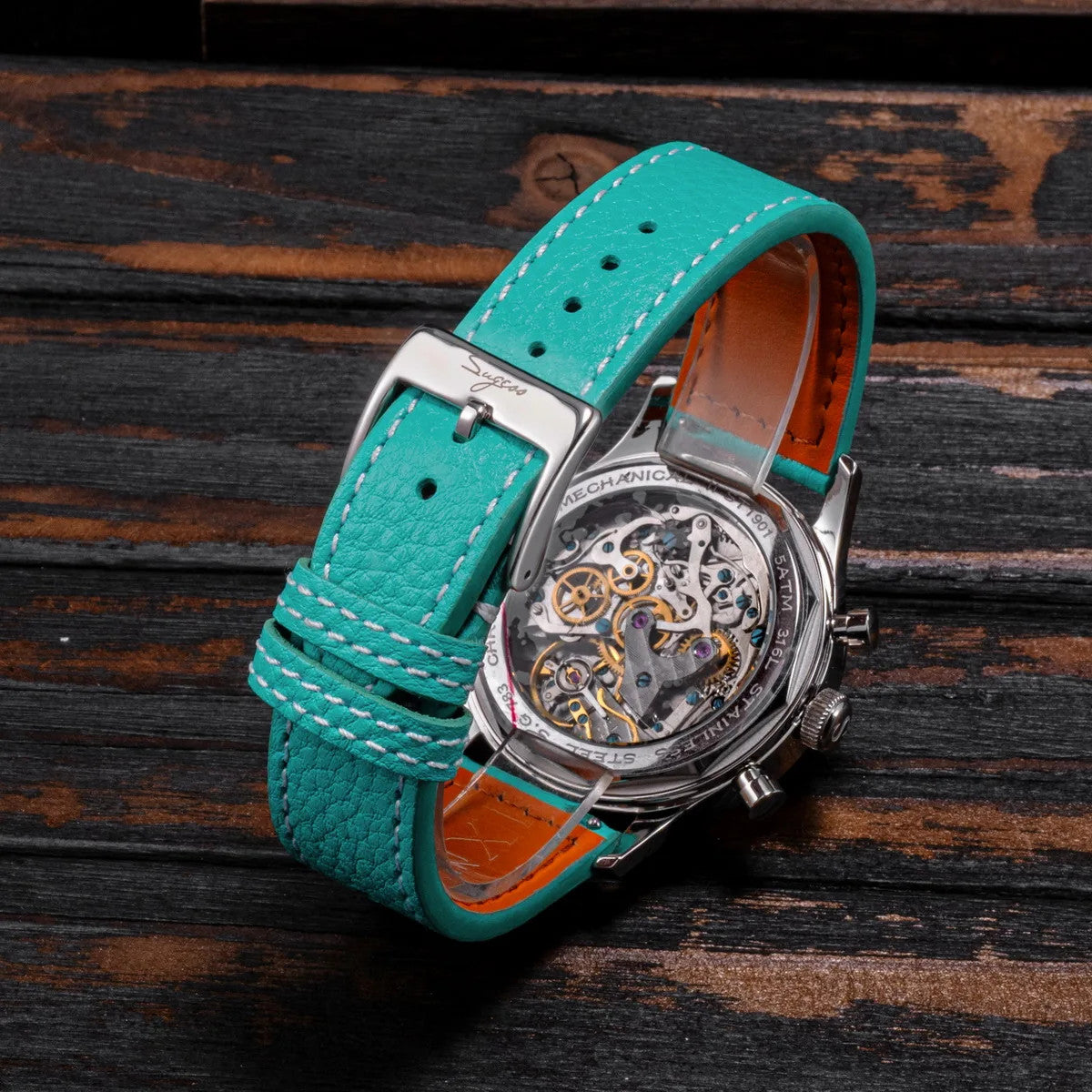 Sugess S365 men's chronograph pilot watch white teal dial detail with Swanneck movement specifications