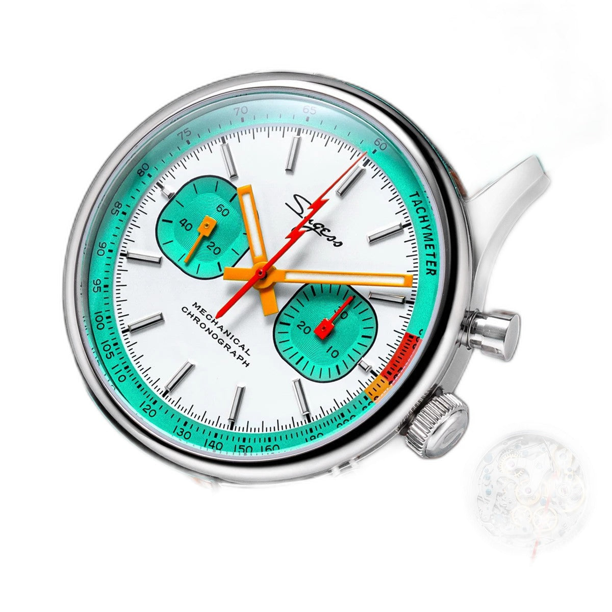 Sugess S365 men's chronograph pilot watch caseback with exposed movement and teal leather strap buckle