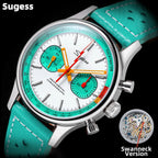 Sugess S365 men's chronograph pilot watch caseback with exposed movement and teal leather strap buckle