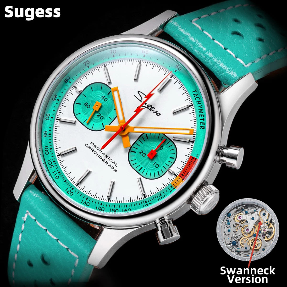 Sugess S365 men's chronograph pilot watch caseback with exposed movement and teal leather strap buckle