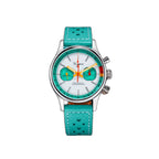 Sugess S365 men's chronograph pilot watch with white dial teal subdials and turquoise rally strap