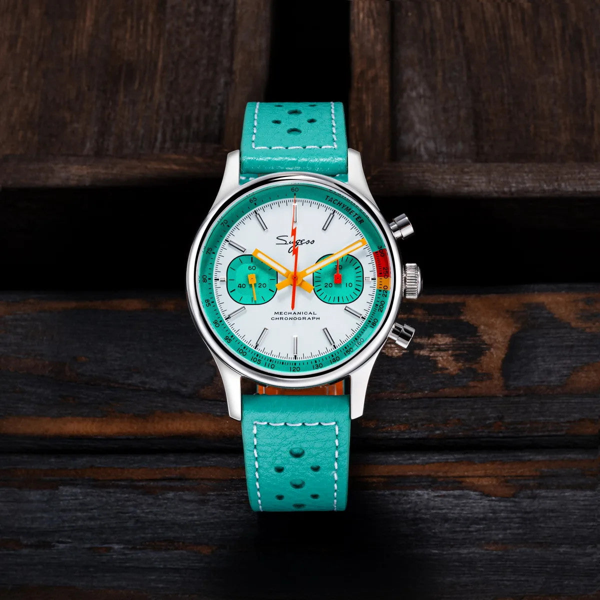 Sugess S365 men's chronograph pilot watch with white dial teal subdials and turquoise rally strap