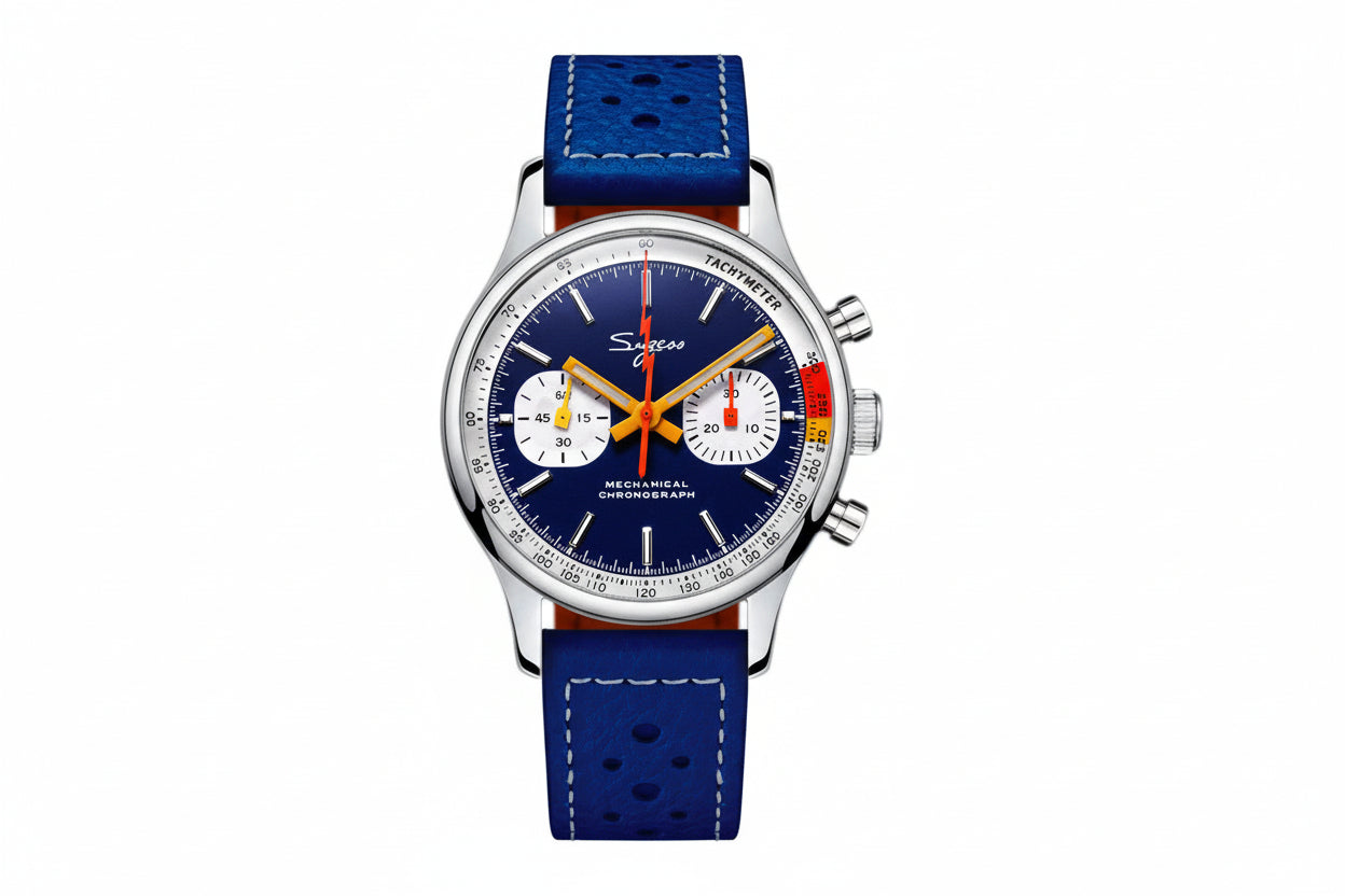 Sugess S365 chronograph pilot watch with navy blue dial and blue perforated leather strap front view