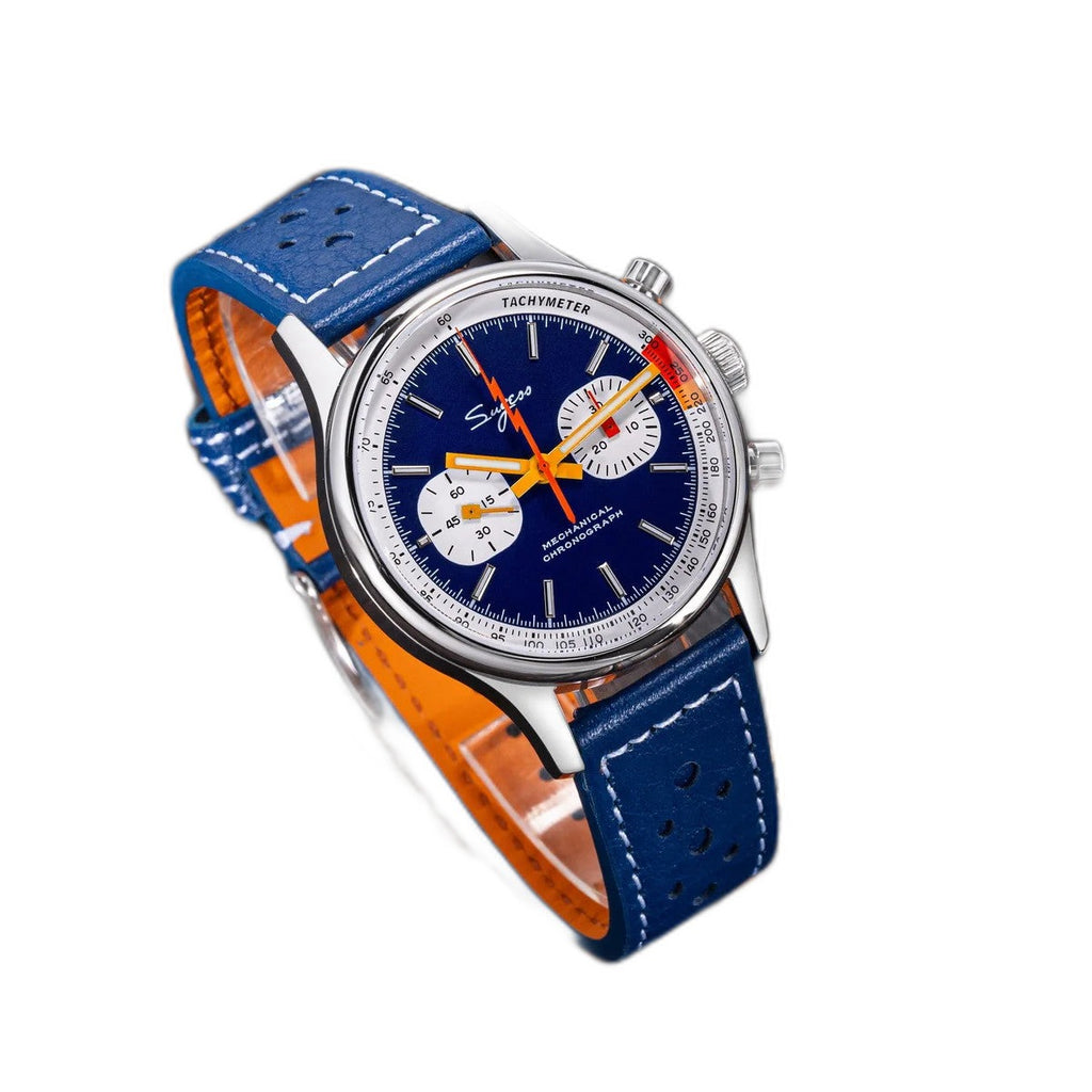Sugess S365 chronograph pilot watch with blue dial and blue leather strap on wooden surface