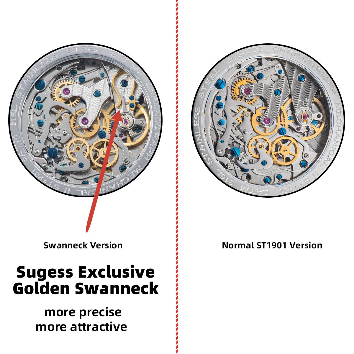 Sugess S365 chronograph movement comparison graphic showing swanneck versus normal ST1901 versions