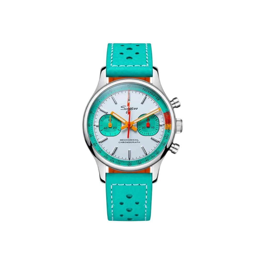 Sugess S365 chronograph pilot watch with white dial, turquoise inner ring and turquoise leather strap front