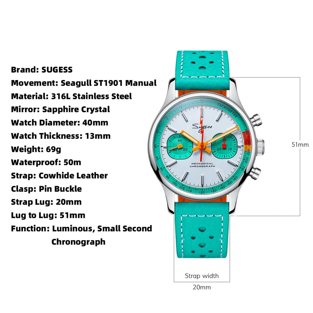 Sugess S365 chronograph pilot watch specifications graphic with white dial and turquoise leather strap