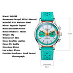Sugess S365 chronograph pilot watch specifications graphic with white dial and turquoise leather strap