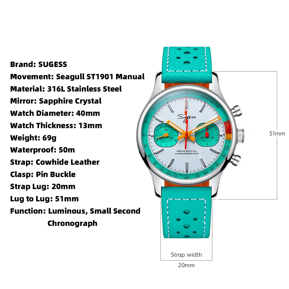 Sugess S365 chronograph pilot watch specifications graphic with white dial and turquoise leather strap