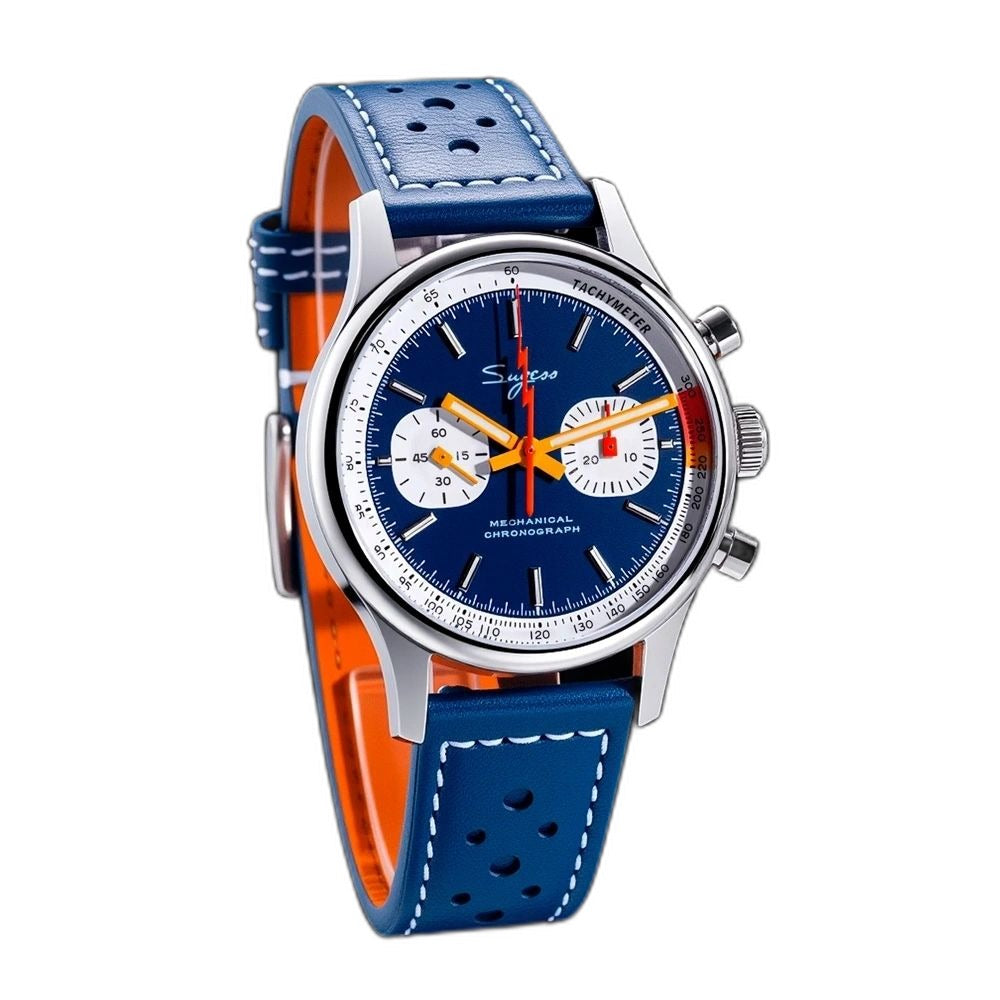 Sugess S387 dark blue chronograph on blue racing leather strap, angled studio product view