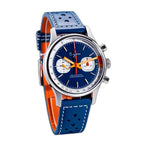 Sugess S387 dark blue chronograph on blue racing leather strap, angled studio product view
