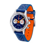Sugess S387 dark blue chronograph on blue racing leather strap, angled view with buckle